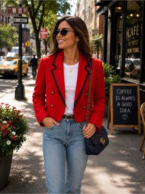 Le Suit Red Blazer with Navy Trim and Gold Buttons sz 10